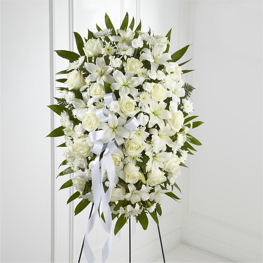 Exquisite Tribute Standing Spray-White Ribbon – Fleuriste Ampleman Florist Enr, Chateauguay PQ