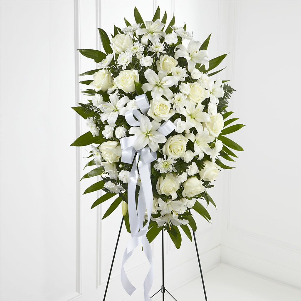 Exquisite Tribute Standing Spray-White Ribbon – Fleuriste Ampleman Florist Enr, Chateauguay PQ